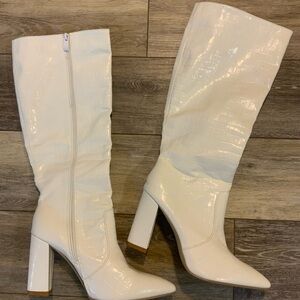 Elegant White Faux Aligator Skin Knee-High Boots. Like new